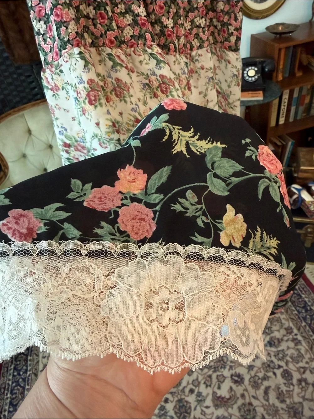 🌹🤍 Vintage Bonjour Sheer Patchwork Floral Prairie Cottagecore Midi Skirt Sz L - Picture 3 of 9